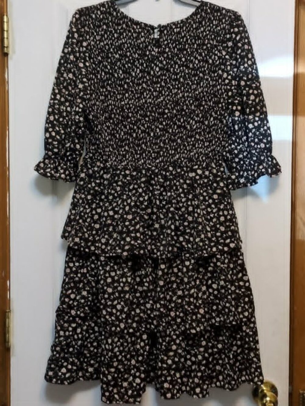 Smocked Chiffon Tiered Ruffle Dress Sz L Black Floral Romantic Whimsigoth Forest - Picture 5 of 9